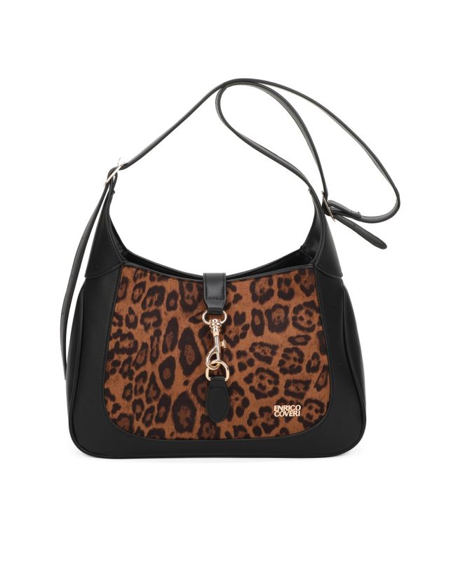 Prodotto: ENRICO COVERI - Borsa a spalla leopardata con pattina con moschettone, prolunga manico removibile