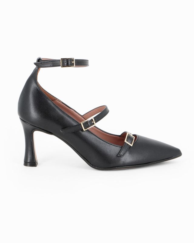 Prodotto: MISS GLOBO - Décolleté nera con tre cinturini frontali, tacco 7,5CM - MADE IN ITALY