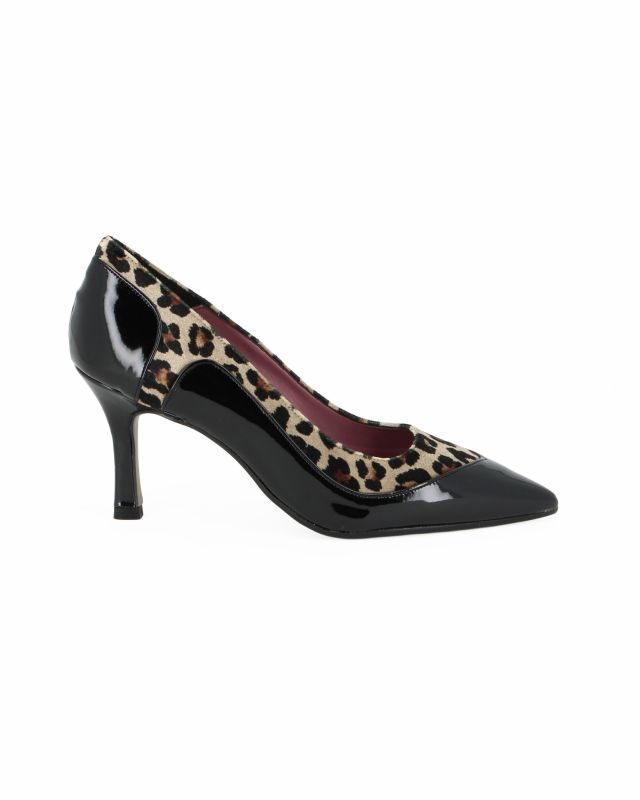 Prodotto: MISS GLOBO - Décolleté nera in vernice con inserti leopardati e sottopiede in VERA PELLE, tacco 7,5CM - MADE IN ITALY