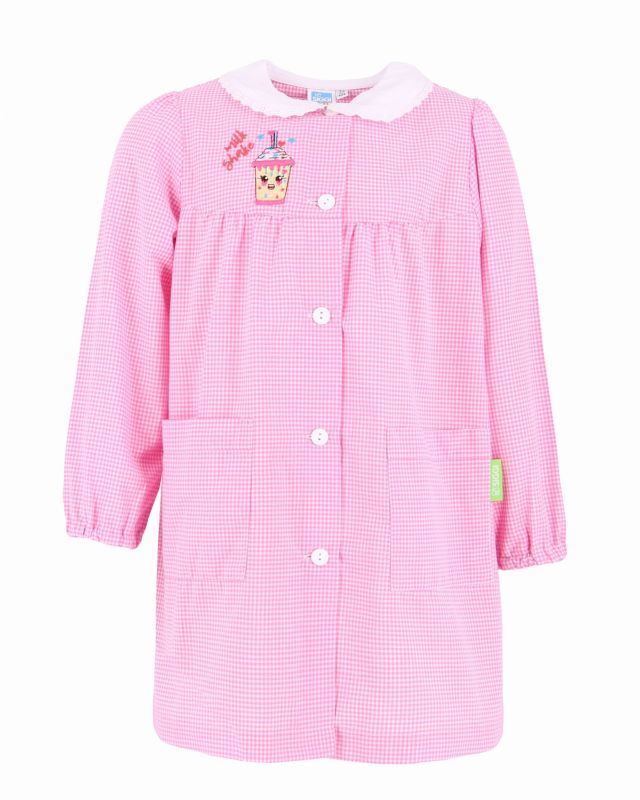 Prodotto: SIGGI - Grembiule asilo rosa a quadretti da bimba con due tasche frontali e graffetta in omaggio, certificazione OEKO TEX