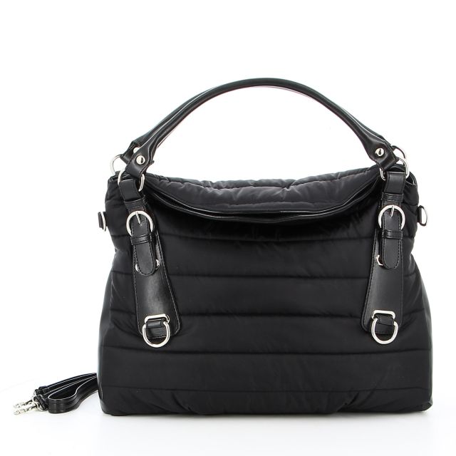 Prodotto: TATOO - Borsa due manici nera piumino con fibbie frontali e tracolla removibile, MADE IN ITALY