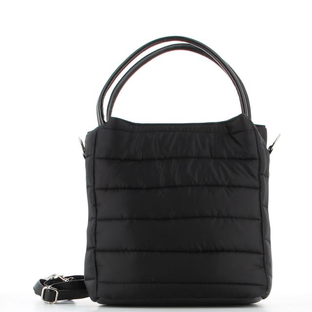 Prodotto: TATOO - Borsa nera due manici con fasce orizzontali imbottite e tracolla removibile, MADE IN ITALY