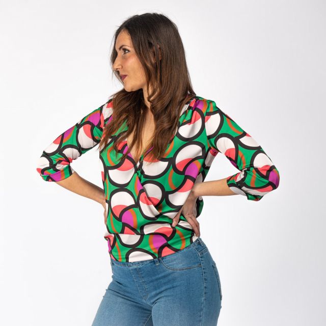 Prodotto: PAQUITA - CAMICIA VERDE A FANTASIA, SCOLLO A V E  MANICA 3/4