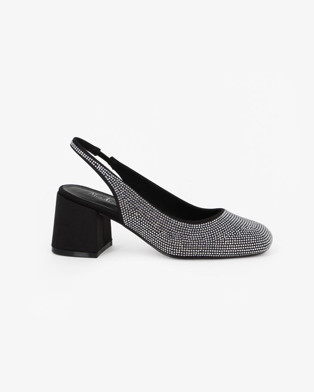 Prodotto: MISS GLOBO - Slingback nera con strass, punta tonda e sottopiede in memory foam TACCO 6,5