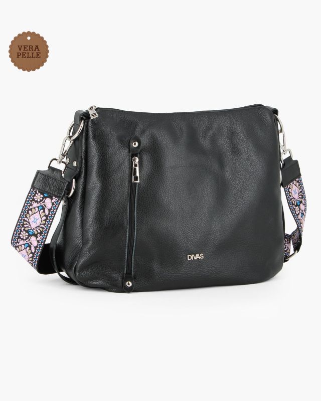 Prodotto: DIVAS - Borsa nera con tracolla nastro in VERA PELLE - MADE IN ITALY