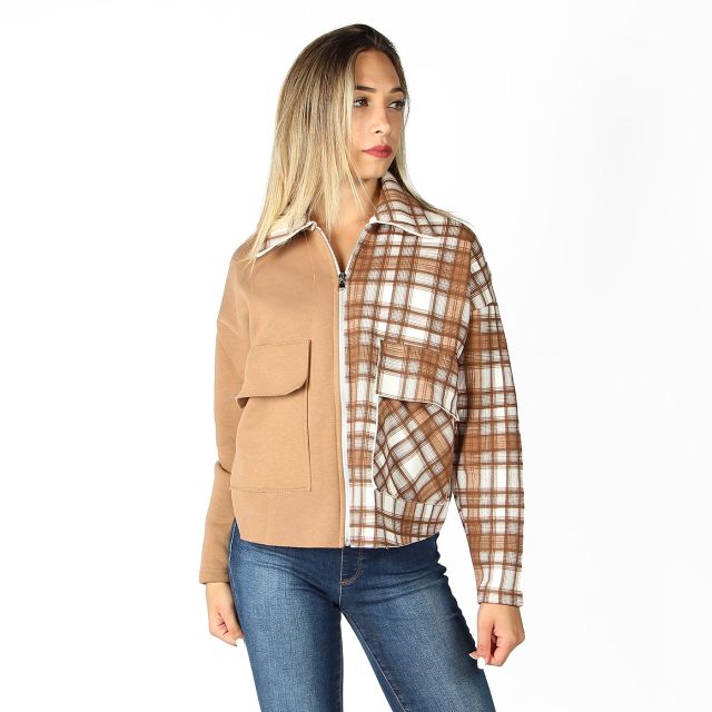 Prodotto: MY JEWELS - CAMICIA SCOZZESE BEIGE CON ZIP E TASCHE