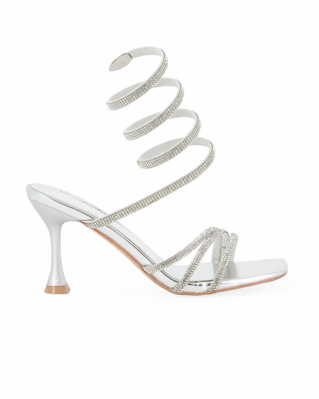 Prodotto: MISS GLOBO - Sandalo a spirale argento in strass con punta quadrata, tacco 8CM