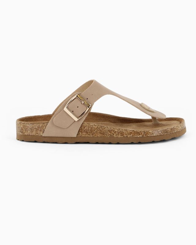 Prodotto: BACHATA - Ciabatta infradito beige effetto nabuk con fibbia e sottopiede in VERA PELLE
