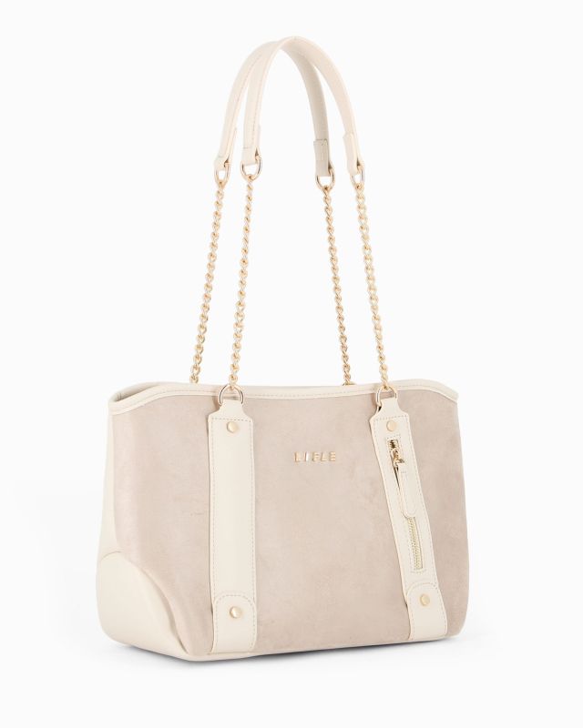Prodotto: RIFLE - Borsa due manici beige con parte frontale scamosciata