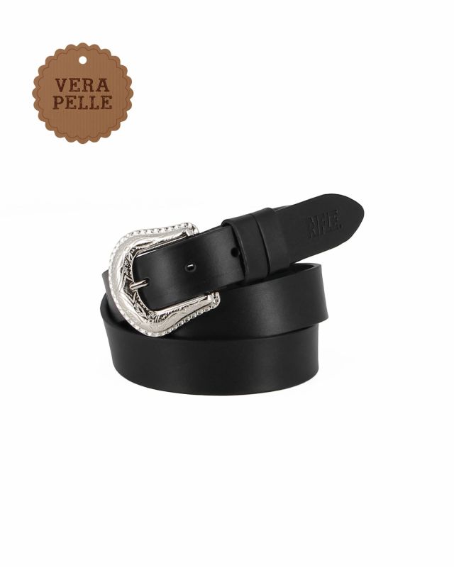 Prodotto: RIFLE - Cinta da donna nera in VERA PELLE con fibbia lavorata - MADE IN ITALY