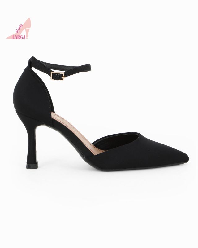 Prodotto: LADY GLOBO - Décolleté nera in lycra con sottopiede in VERA PELLE e cinturino alla caviglia, calzata comoda, tacco 8CM