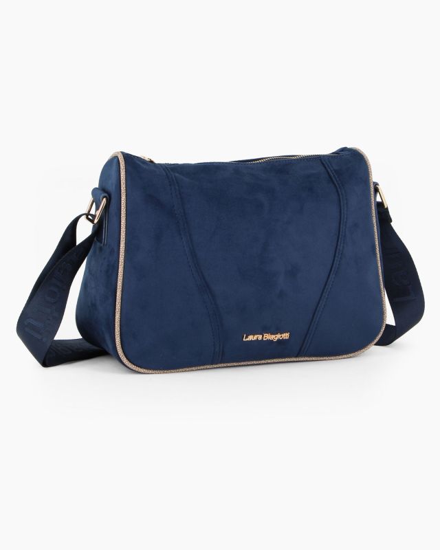 Prodotto: LAURA BIAGIOTTI - Borsa sacca blu scamosciata con tasca posteriore