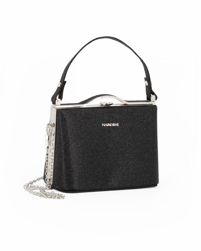 Prodotto: NARDINI - Pochette nera in lurex con un manico e tracollina removibile