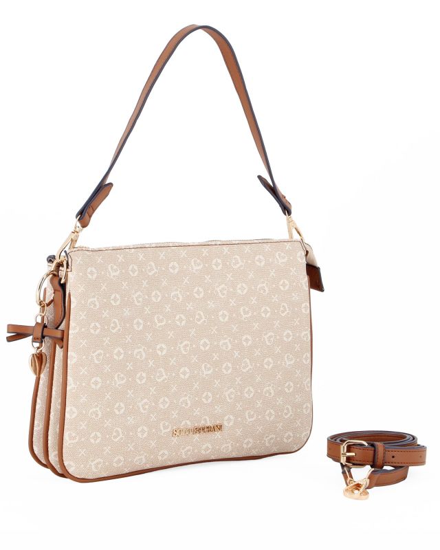 Prodotto: SOLO SOPRANI - Borsa un manico beige loggata con tre scomparti interni e ciondolo fiocco+cuore, tracolla removibile