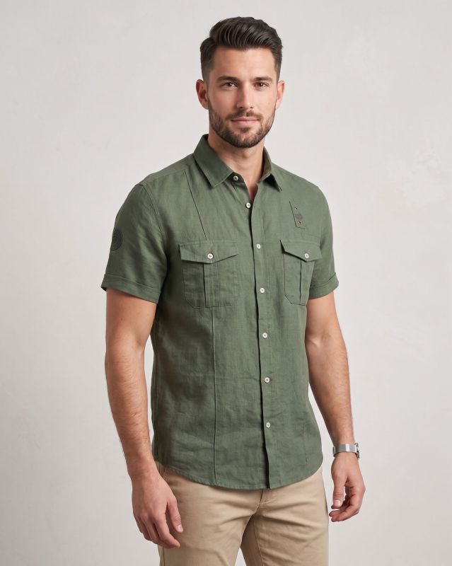 Prodotto: BLUE LEMON - Camicia manica corta verde militare in lino