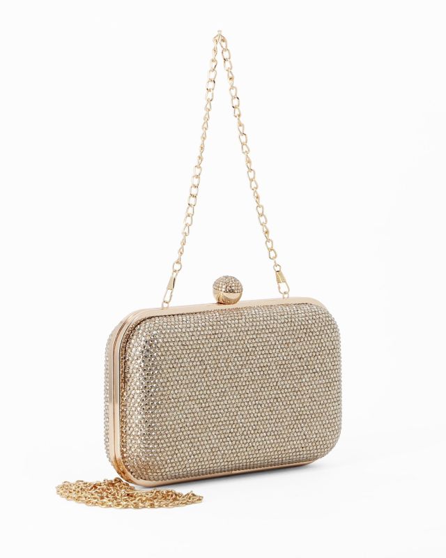 Prodotto: DIVAS - Clutch oro con strass, pomello  strass e tracolla removibile