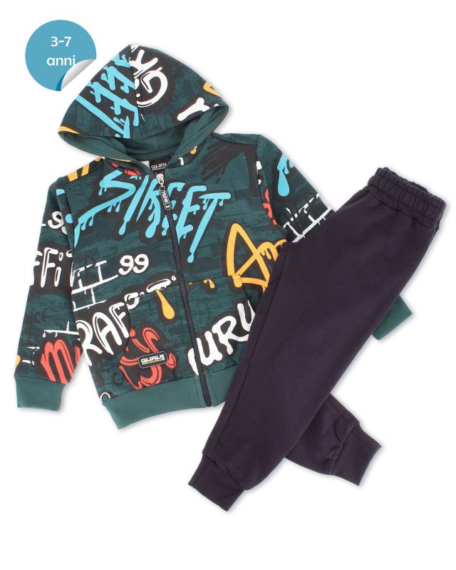 Prodotto: GURU - COMPLETO TUTA BAMBINO FELPA VERDE STAMPA GRAFFITI CON ZIP E CAPPUCCIO