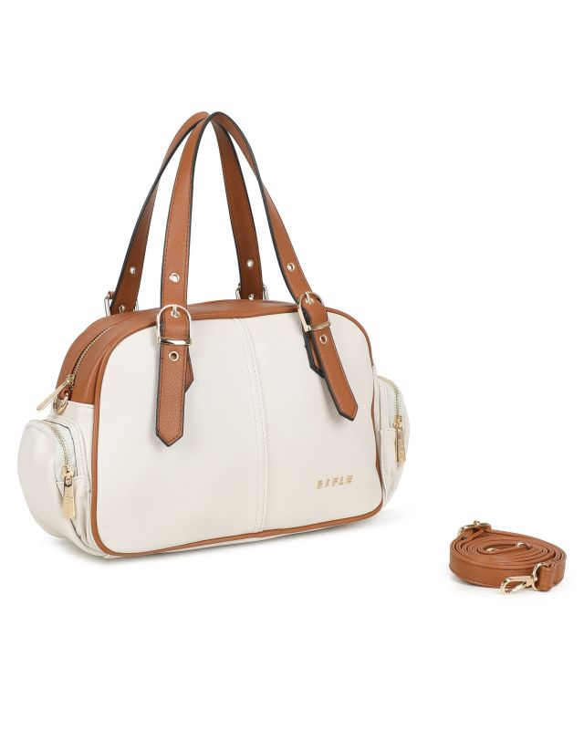 Prodotto: RIFLE - Borsa a mano beige/cuoio con tasche laterali e fibbie sui manici, tracolla removibile