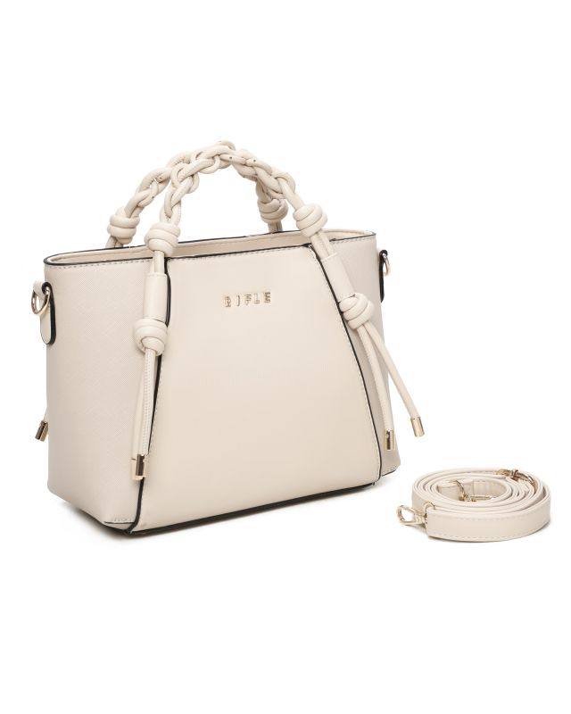 Prodotto: RIFLE - Borsa a mano beige con manici intrecciati e tracolla removibile