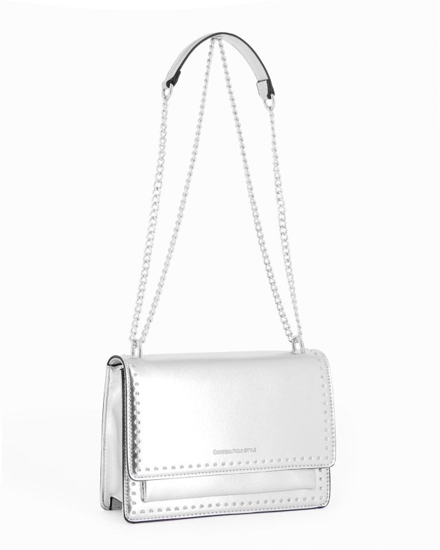 Prodotto: CORTINA POLO STYLE - Borsa argento tracolla catena con borchiette sulla patta