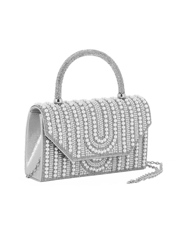 Prodotto: MISS GLOBO - Borsa pochette argento rivestita di perle e manico di strass per cerimonie