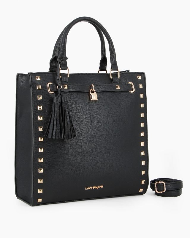 Prodotto: LAURA BIAGIOTTI - Borsa due manici nera con borchie, pennacchi con frange e cinturino con lucchetto, tracolla removibile