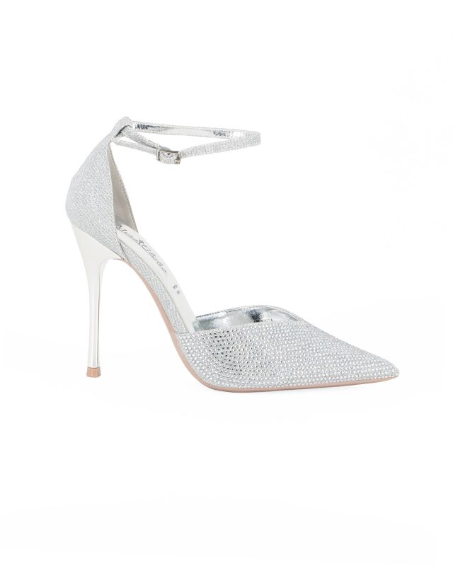 Prodotto: MISS GLOBO - Décolleté argento con strass, cinturino alla caviglia e sottopiede in memory foam, tacco 10,5CM
