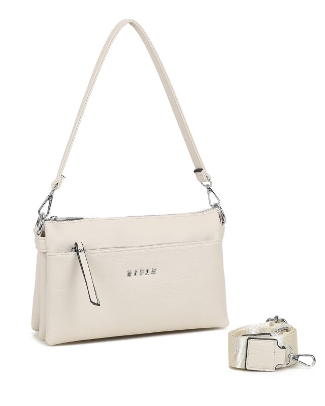 Prodotto: RIFLE - Borsa a spalla beige con cinque scomparti interni, tasca frontale e posteriore, tracolla removibile