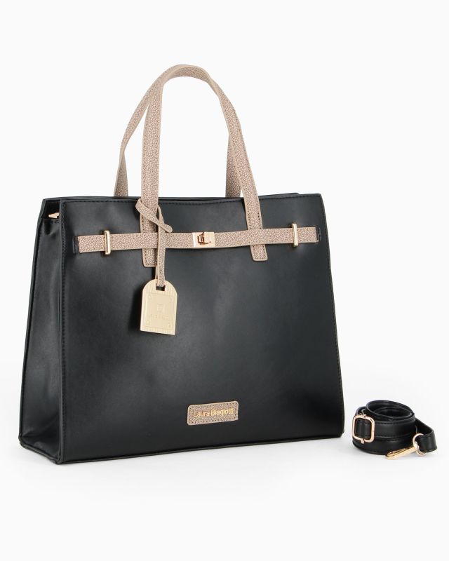 Prodotto: LAURA BIAGIOTTI - Borsa due manici nera con ciondolo removibile e dettaglio cinturino con girello, tracolla removibile