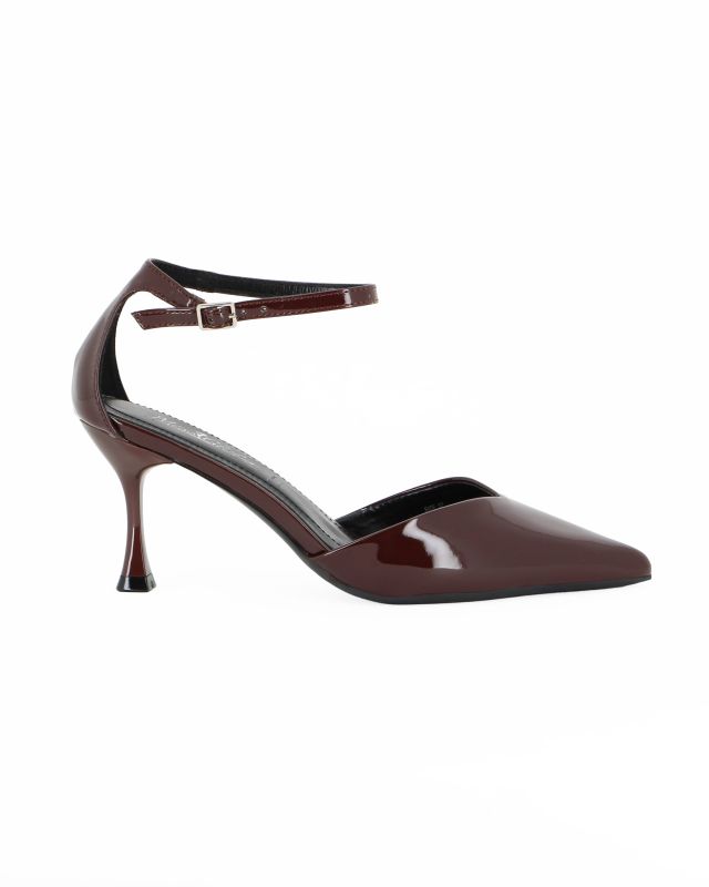 Prodotto: MISS GLOBO - Décolleté marrone in vernice con cinturino alla caviglia e sottopiede in memory foam, tacco 7,5CM
