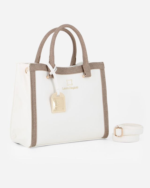 Prodotto: LAURA BIAGIOTTI - Borsa a mano bianca con ciondolo metallico loggato, tracolla removibile