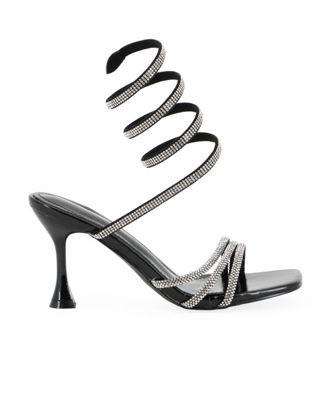 Prodotto: MISS GLOBO - Sandalo a spirale nero in strass con punta quadrata, tacco 8CM