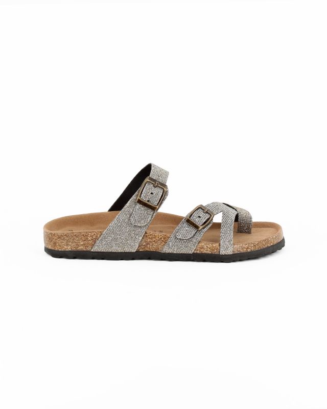 Prodotto: BACHATA - Ciabatta infradito taupe glitterata con doppia fibbia e sottopiede in VERA PELLE, zeppa 5CM