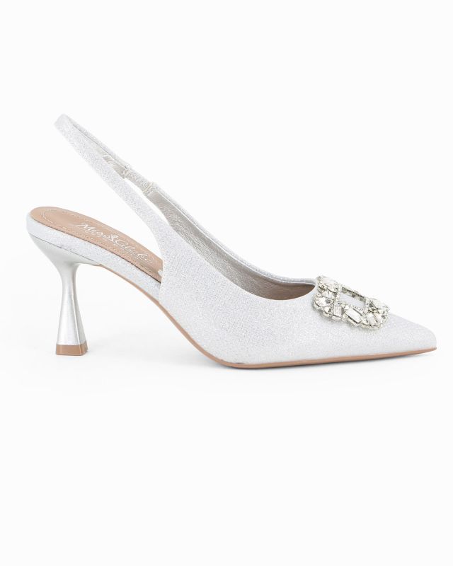Prodotto: MISS GLOBO - Décolleté slingback argento in lurex con sottopiede in VERA PELLE e applicazione gioiello sulla punta, tacco 7,5CM