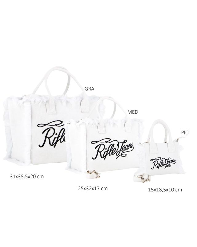 Prodotto: RIFLE - Borsa mare in tessuto bianco con frange e logo nero sul davanti, tracolla removibile