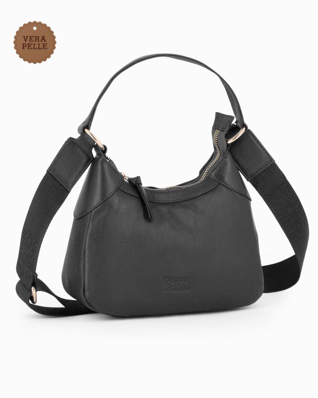Prodotto: CHESTER POLO ACADEMY - Minibag nera in VERA PELLE con tracolla nastro loggata