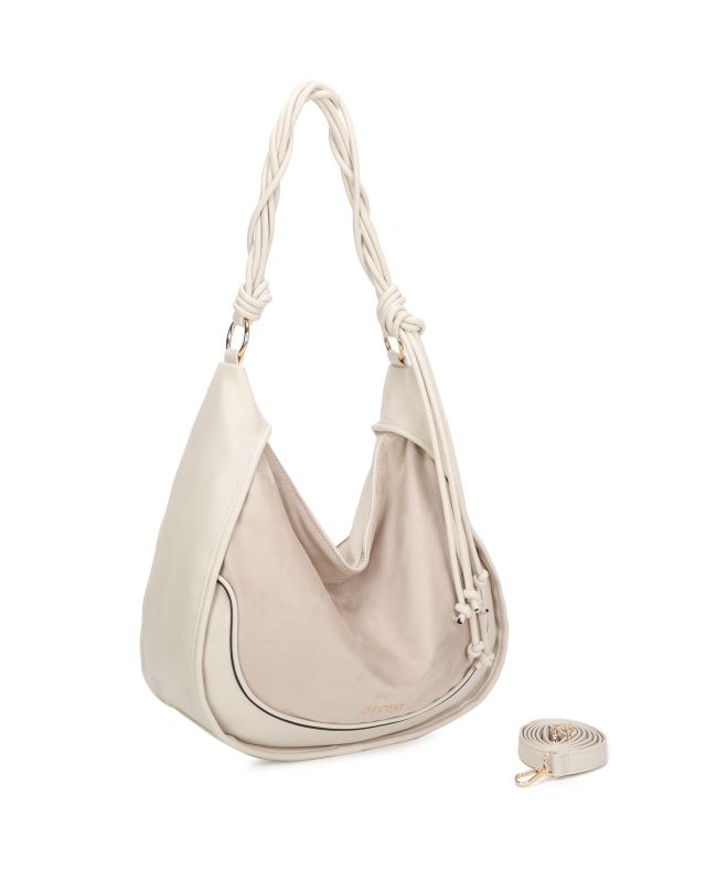 Prodotto: RIFLE - Borsa sacca beige con parte frontale scamosciata e manico intrecciato , tracolla removibile