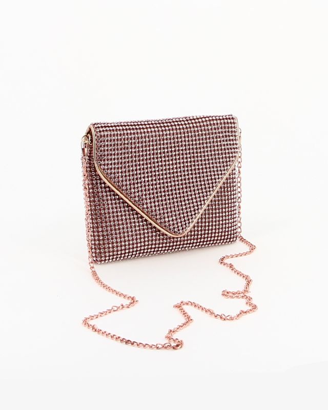 Prodotto: DIVAS - Pochette rose gold con strass e patta, tracolla catenina removibile