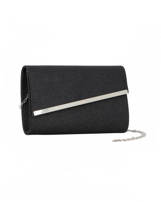 Prodotto: MISS GLOBO - Pochette in lurex nero con patta obliqua e dettaglio in metallo argento
