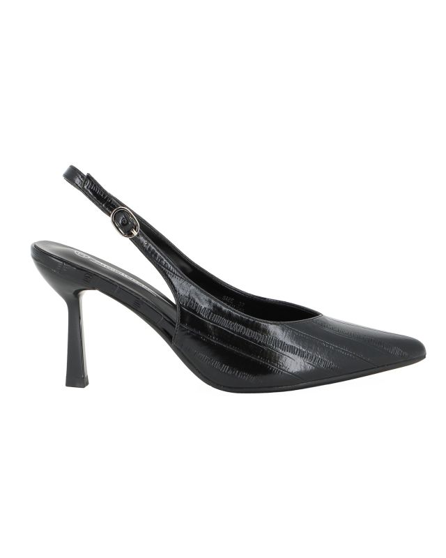 Prodotto: MISS GLOBO - Décolleté slingback nera con lavorazione a righe effetto rettile, tacco 8CM