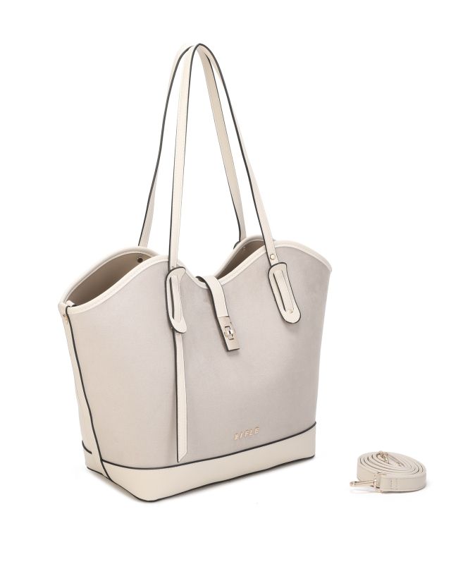 Prodotto: RIFLE - Borsa shopping beige scamosciata con pattina e chiusura a girello, tracolla removibile