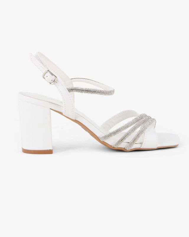 Prodotto: MISS GLOBO - Sandalo bianco con strass e punta quadrata, tacco 7CM