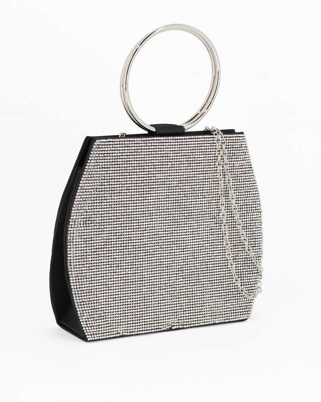 Prodotto: MISS GLOBO - POCHETTE RASO NERO CON STRASS E MANICI TONDI IN METALLO