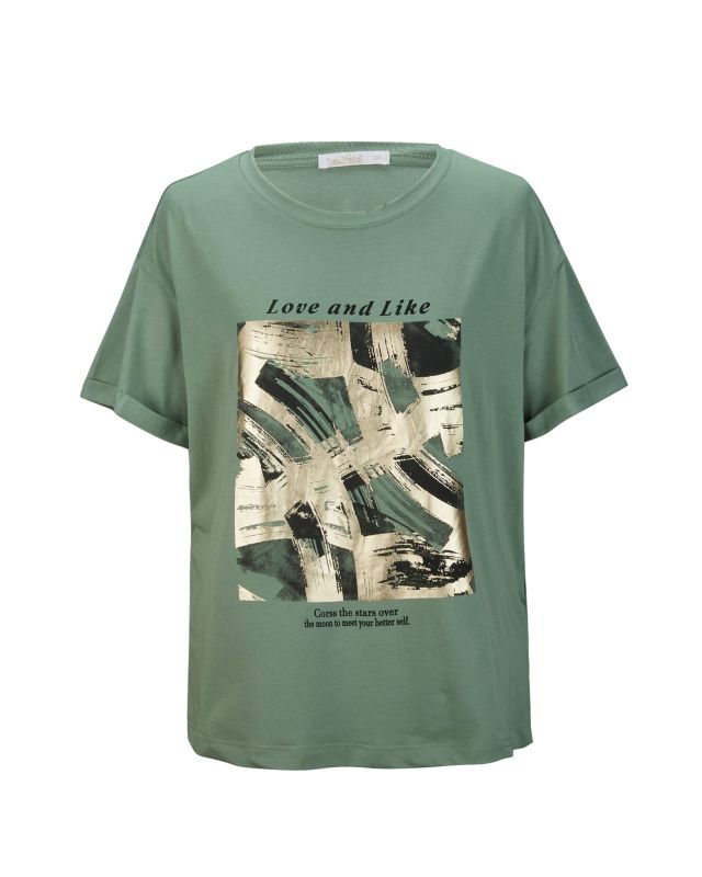 Prodotto: BACHATA - Tshirt manica corta verde militare con scritta e stampa