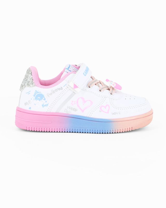 Prodotto: CANGURO - Sneakers bianca da bimba con fondo multicolor e strappo, numerata 24/30