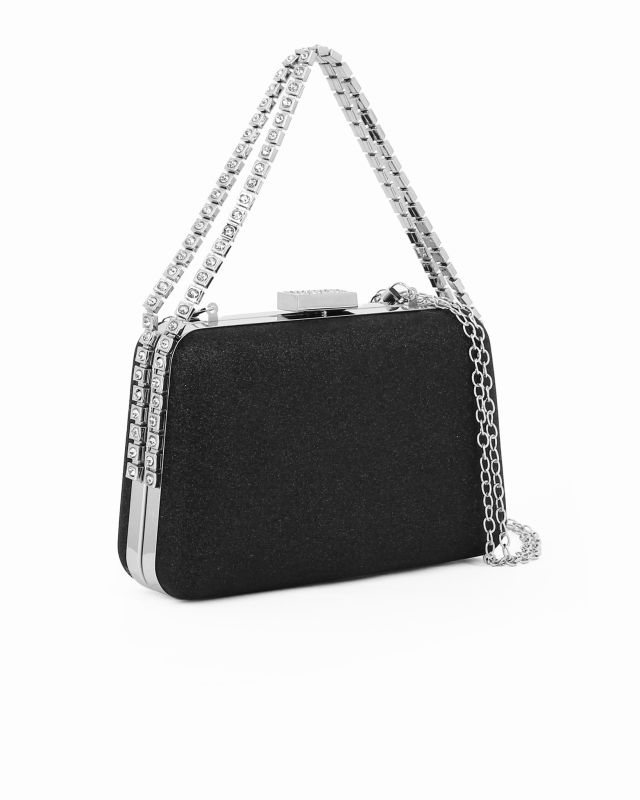 Prodotto: MISS GLOBO - Clutch nera con due manici catena con strass,  chiusura gioiello