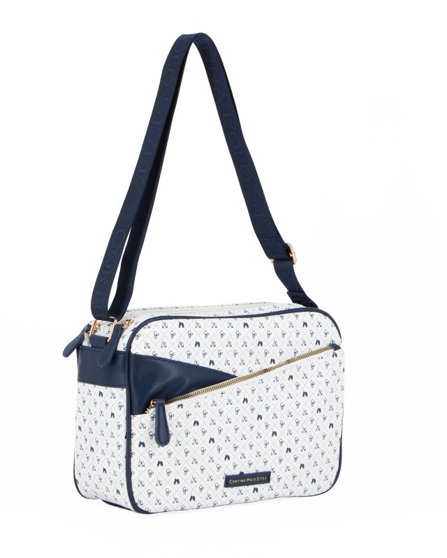 Prodotto: CORTINA POLO STYLE - Tracolla bianca/blu loggata con due scomparti principali e tasca frontale con zip diagonale