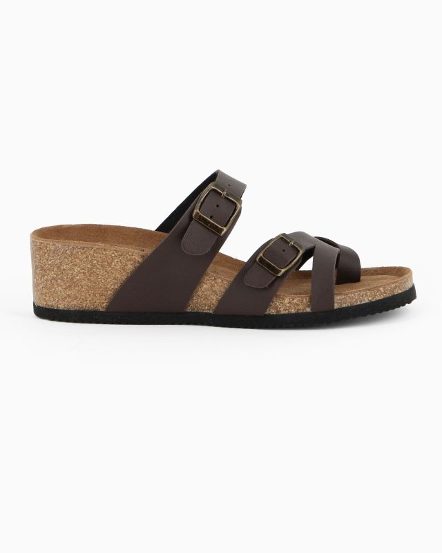 Prodotto: BACHATA - Ciabatta infradito marrone effetto matte con doppia fibbia e sottopiede in VERA PELLE, zeppa 5CM