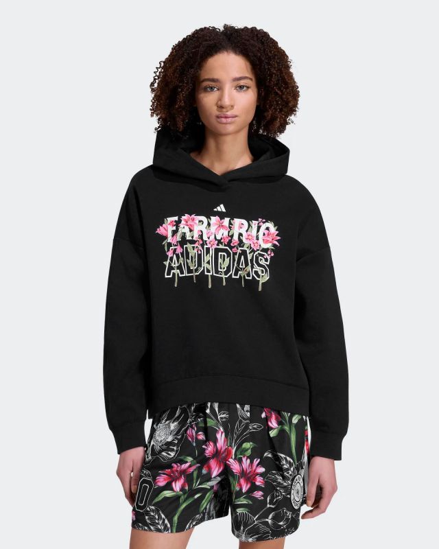 Prodotto: ADIDAS - FELPA CON CAPPUCCIO  FARM HOODIE NERA CON DETTAGLI FLOREALI  DA DONNA, KR0252