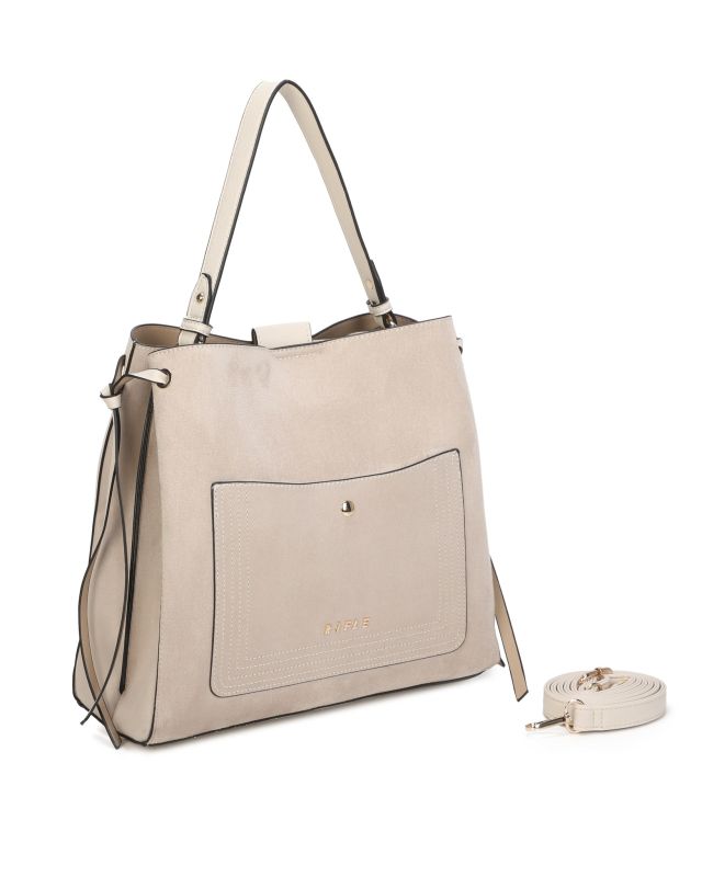 Prodotto: RIFLE - Borsa un manico beige scamosciata con due scomparti principali e tasca frontale, tracolla removibile